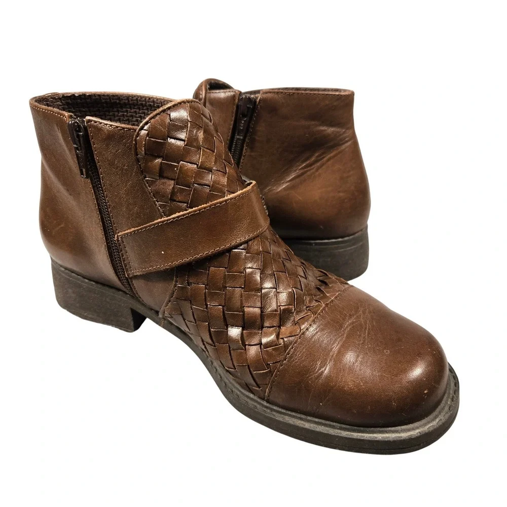 Woven Brown Leather Ankle Boots Brazil Side Zip Buckle Booties Mens 6